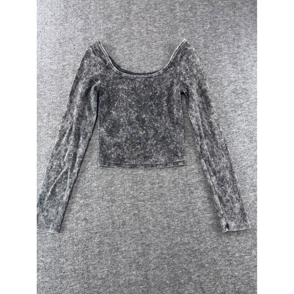 Wild Fable Womens XS Gray Acid Wash Ribbed Long Sleeve Scoop Neck Crop Top